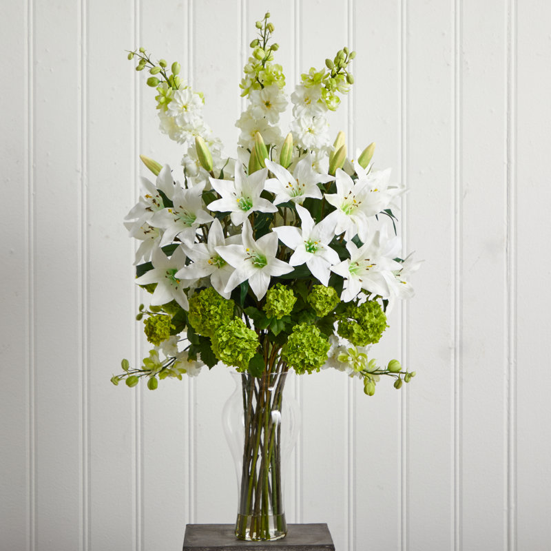 White Silk Lily and Hydrangea Flower Arrangement in Decorative Vase