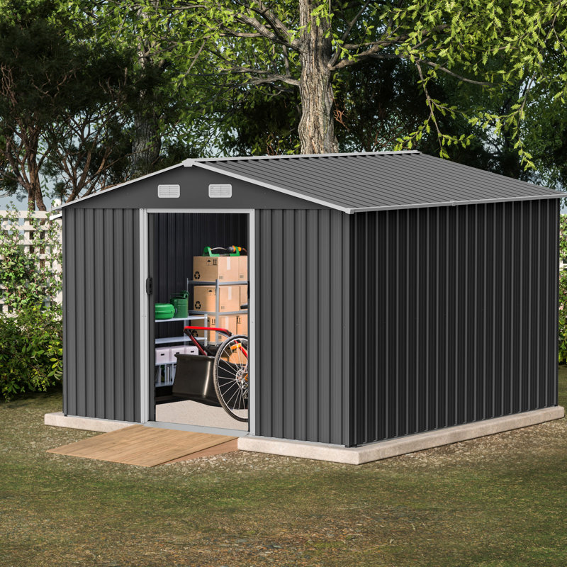 10x8 Ft Grey Shed With Lockable Feature, Metal For Garden Foundation And Door Access, Gray, 74.39" H x 117.8" W x 95.9" D