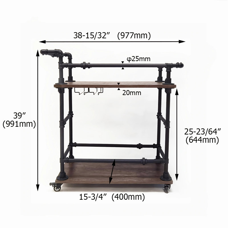 Chariot-bar industriel en métal et bois avec support à vin et porte-verres, brun
