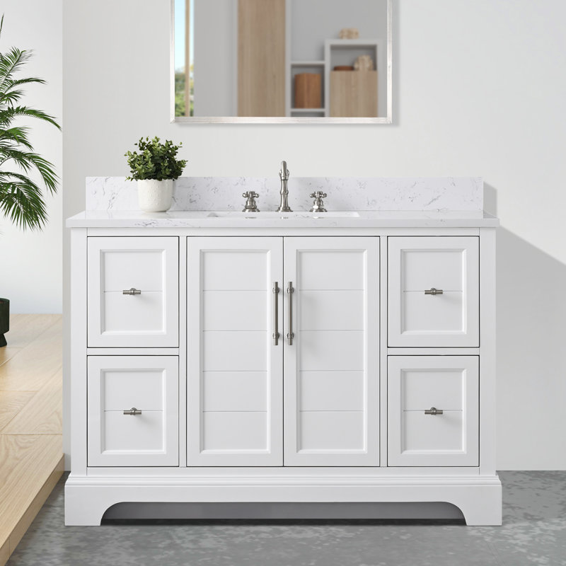 Ensemble de meuble-lavabo autoportant simple 48 po avec plateau en marbre Vannes, Blanc