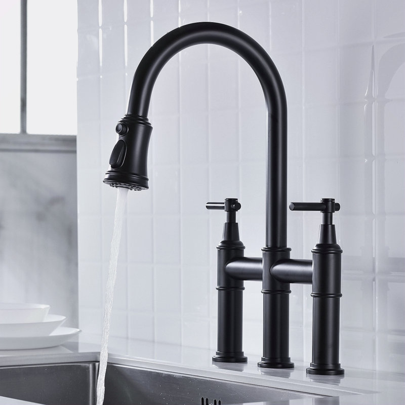 Bridge Kitchen Faucet With Pull-Down Sprayhead In Spot, Matte Black