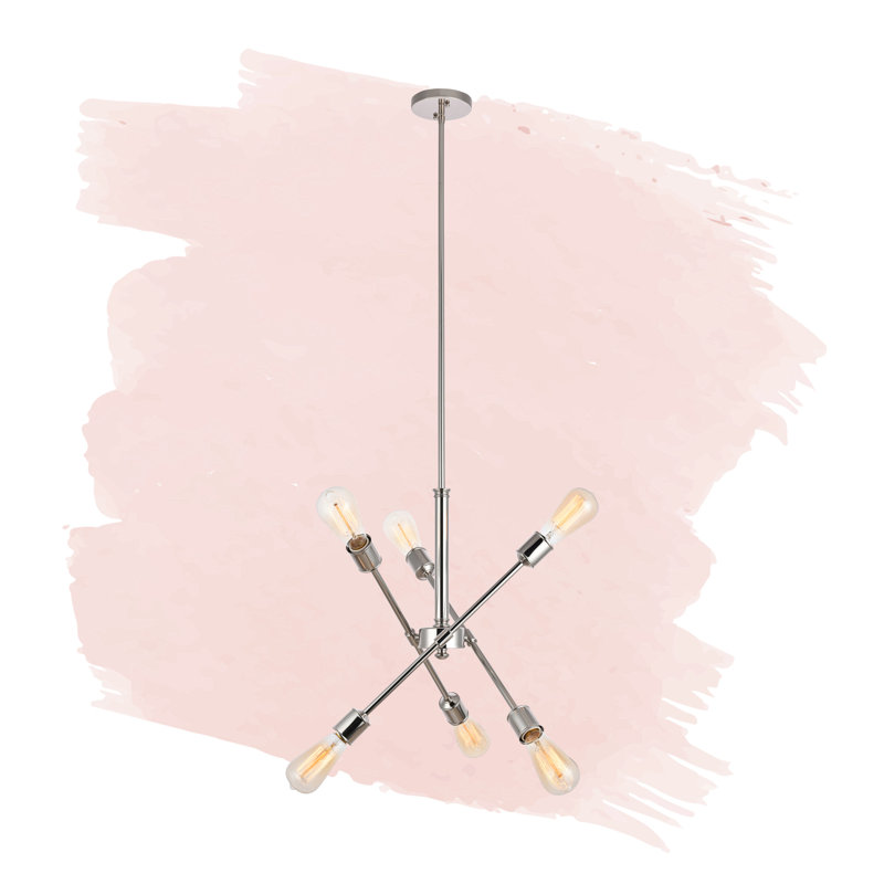 Lustre Spoutnik linéaire moderne Whelchel, Nickel poli, Six lumières, H 19,6 po x l 17,1 po x P 17,1 po