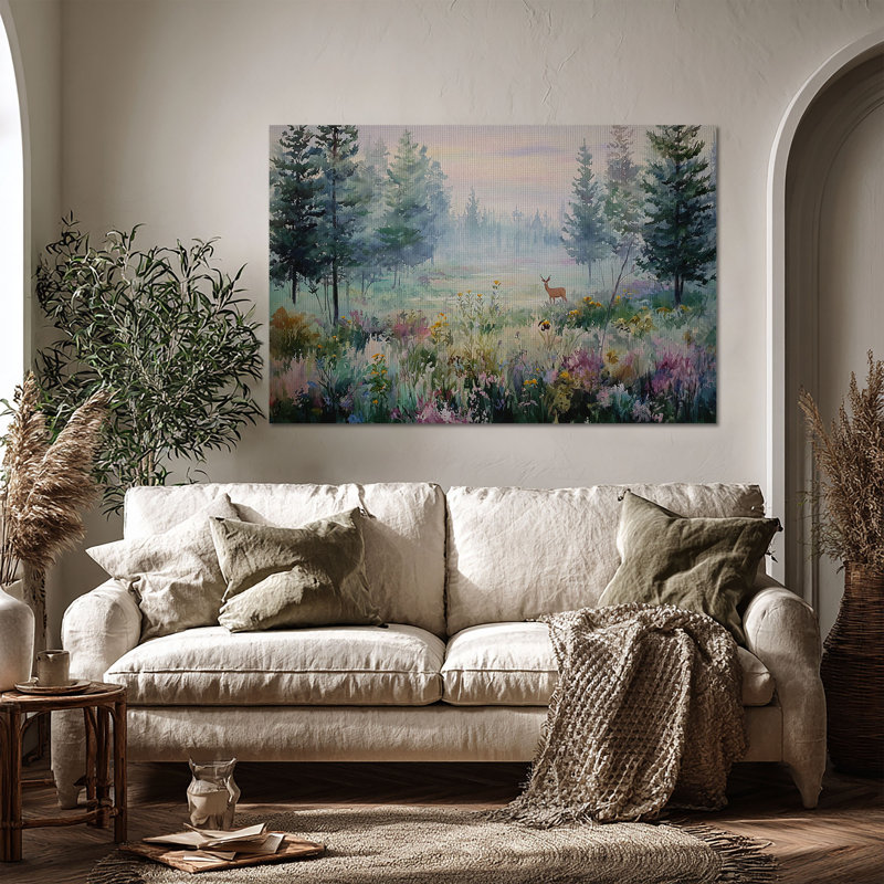Art mural sur toile Misty Deer Meadow - Décoration de salon, de chambre à coucher ou de bureau, L 48 po x H 32 po