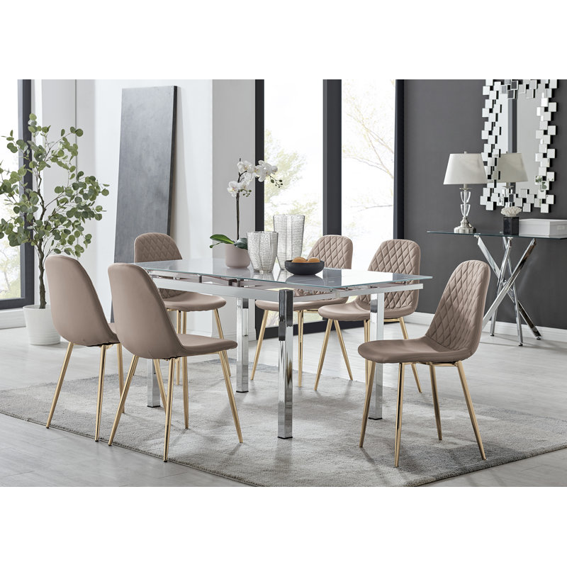 Tierra Modern Glass & Metal Extendable Dining Table Set & 6 Luxury Faux Leather Dining Chairs, Cappuccino/Gold