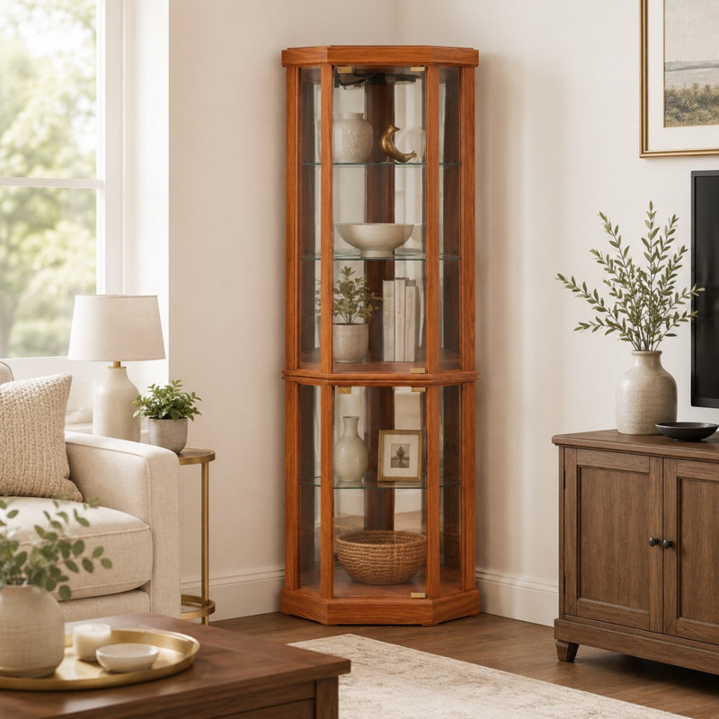 Lighted Corner Curio Cabinet, Elegant Glass Display Case With Built-In Lighting For Living Room, Bar, Antique Collections & Wine, Dark Oak