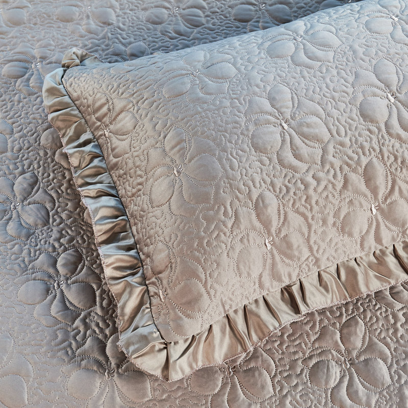 4 Piece Ruffle Matte Satin Bedspread Set, Taupe, Queen Coverlet + 2 Shams + Throw pillow