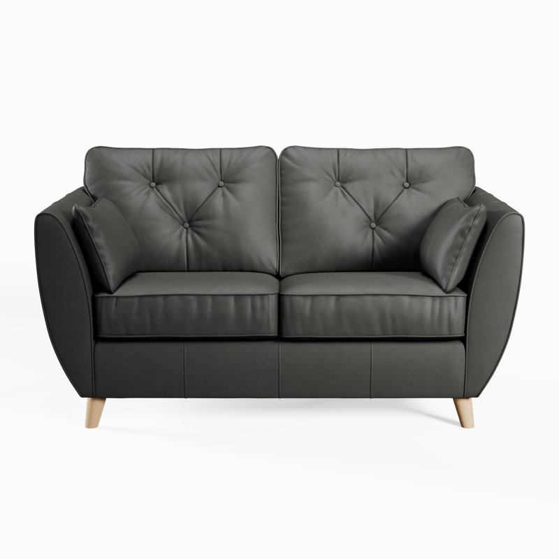 Marylin 2 Seater Leather Tufted Sofa, Light Wood, Raven