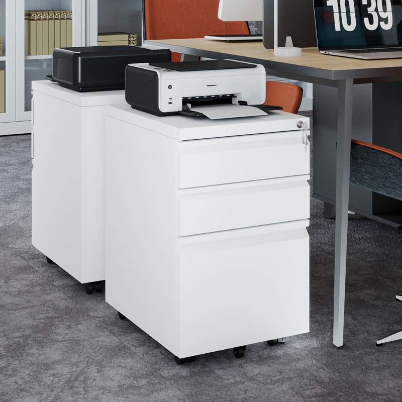 Classeur mobile à 3 tiroirs avec serrure pour bureau personnel, Blanc