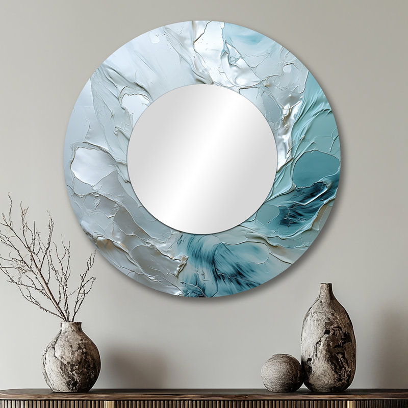 Silver Shimmer - grand miroir paysager, miroir mural rond gris, art imprimé en métal, 29 po x 29 po