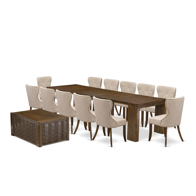 L'ensemble de salle à manger 14 pièces Mid Century comprend une table de cuisine rectangulaire extensible, 1 table basse et 12 chaises de salle à manger, noyer antique