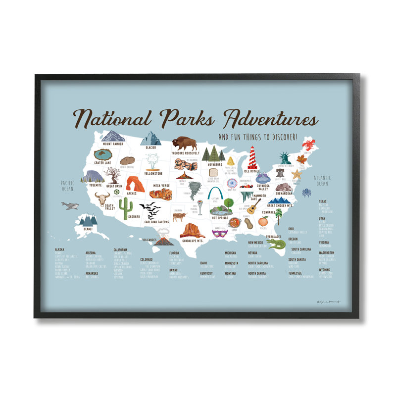 " National Parks Adventures USA Map " by Stephanie Workman Marrott, Midnight Black Framed Giclee, 11" H x 14" W x 1.5" D