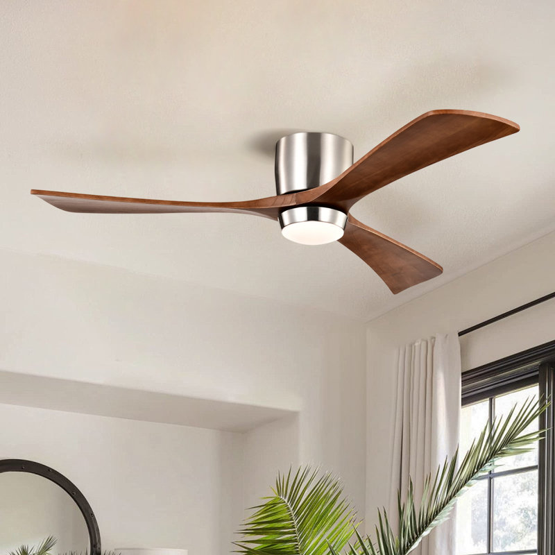 52 inch Flush Mount Low Profile Ceiling Fan with LED Lights and Remote Control, DC Motor, 3 Blades, Nickel, Walnut
