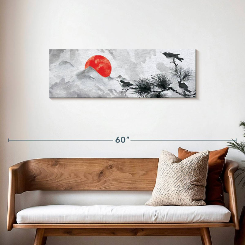 Montagne japonaise et oiseaux chanteurs sur toile, H 14 po x l 42 po x P 1,25 po
