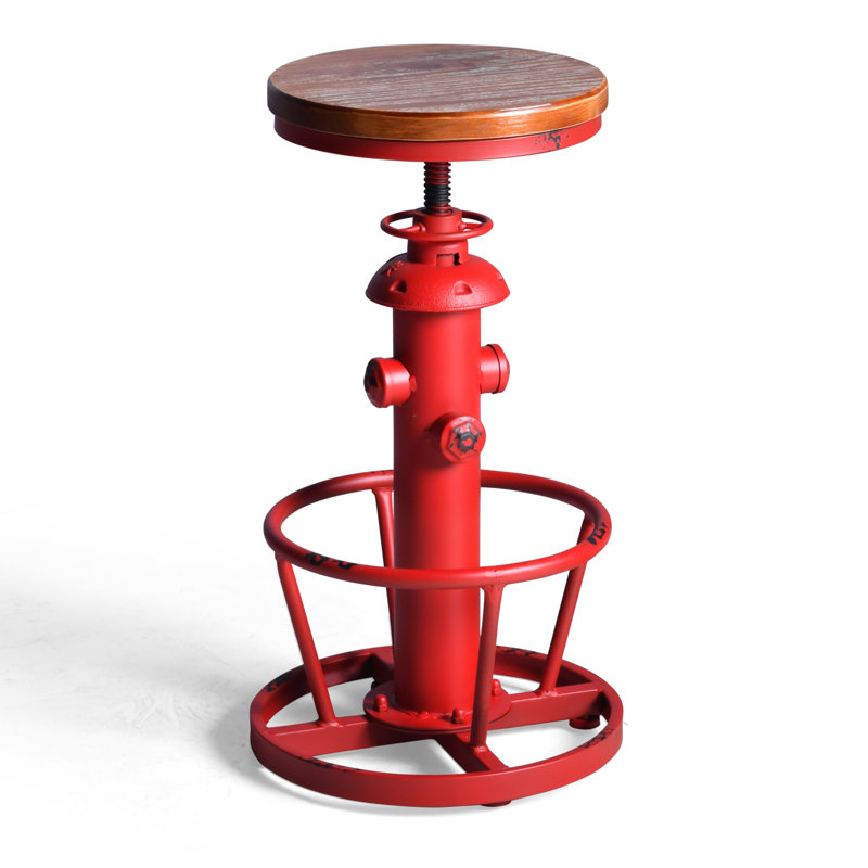 Antique Industrial Round Bottom Adjustable Height Cafe Retro Hydrant Stylish Water Pipe Design Pub Kitchen Bar Stool, Red, 3
