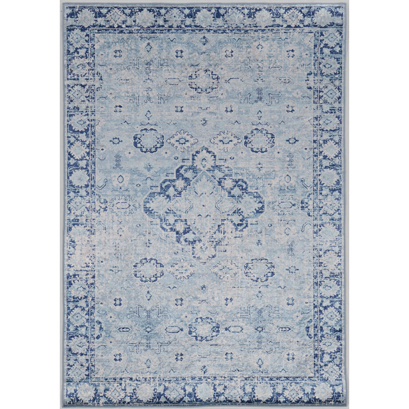 Emanuel Traditional Machine Woven Flatweave Light Blue and Blue Area Rug with Non Skid Backing , Rectangle 6'7" x 9'7"