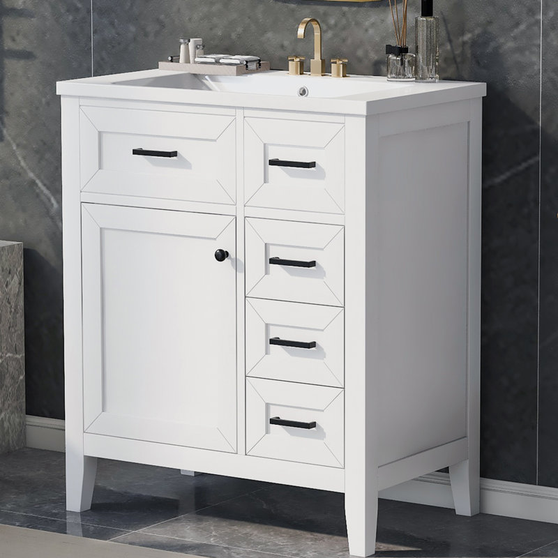 Meuble-lavabo simple 30 po avec plateau en céramique Keyashia, Blanc