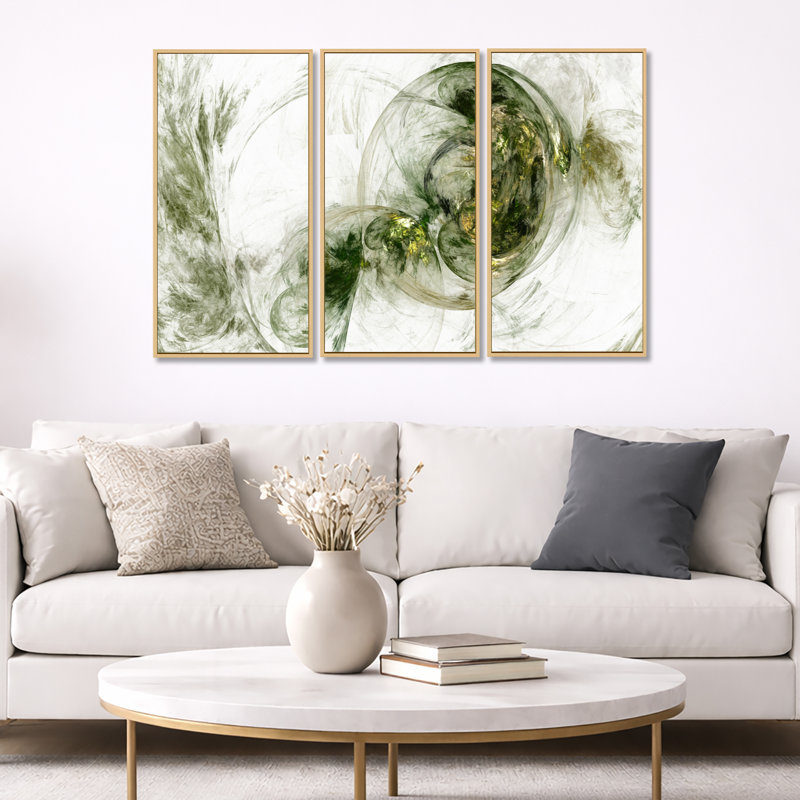 Coloured Smoke Green - ensemble de 3 reproductions d'art encadrées abstraites sur toile, H 32 po x l 48 po, Érable