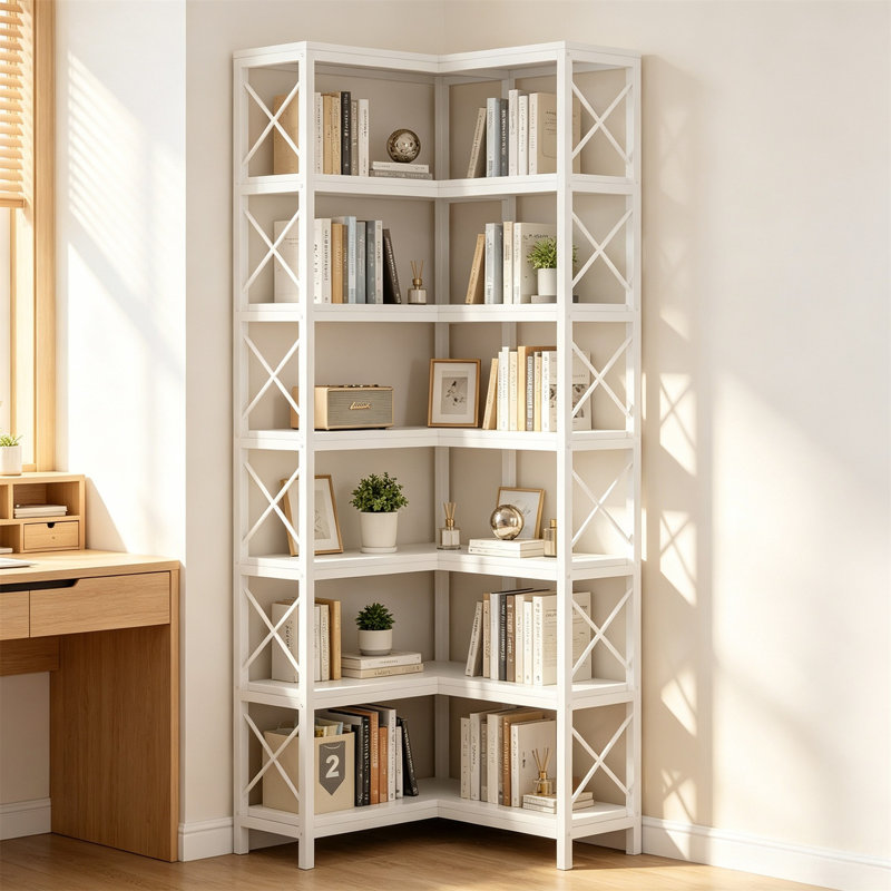 Bibliothèque de coin de 7 étages | Étagère à échelle industrielle moderne, présentoir à structure métallique pour bureau à domicile