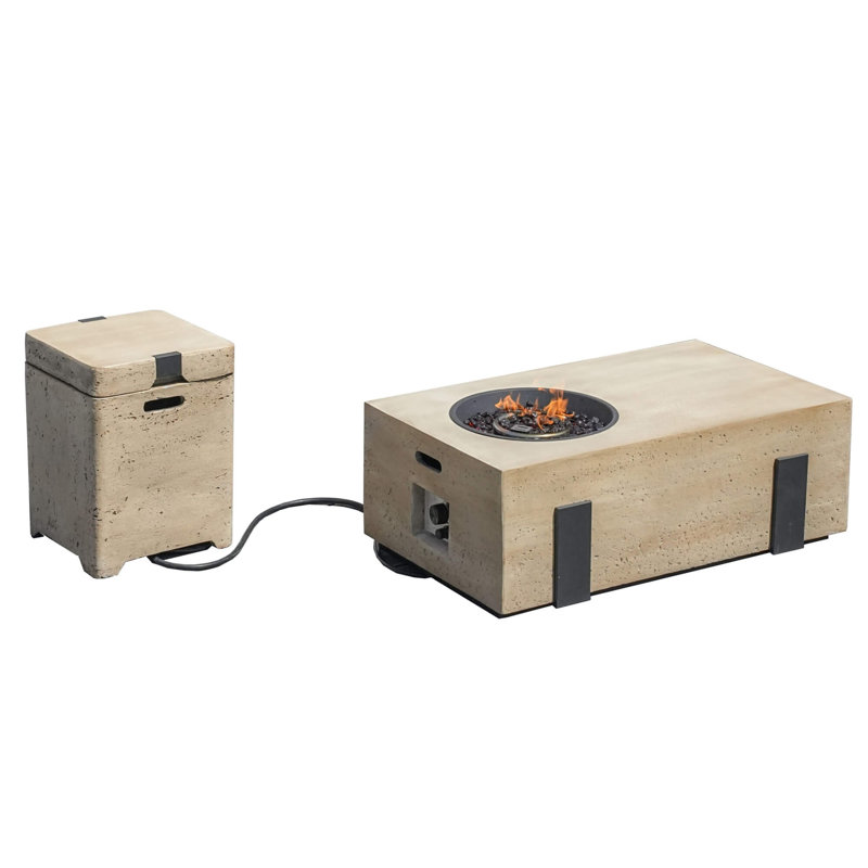 Firepit Table Set With Stainless Steel Ice Bucket & Gas Tank Side Table, Brown