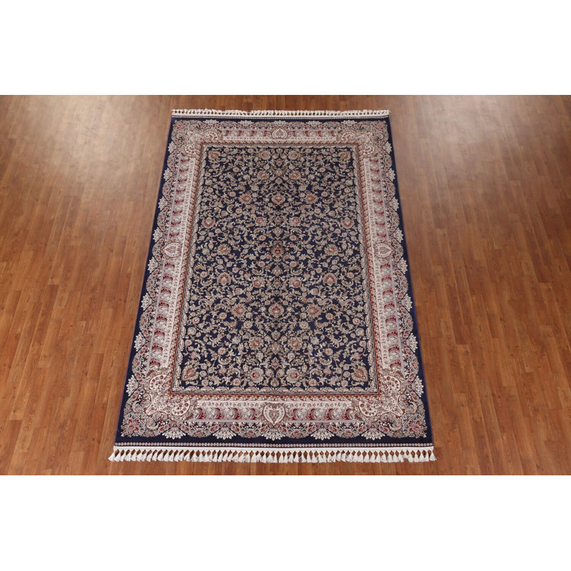 Tapis bleu marine à motif floral traditionnel 7 x 10
