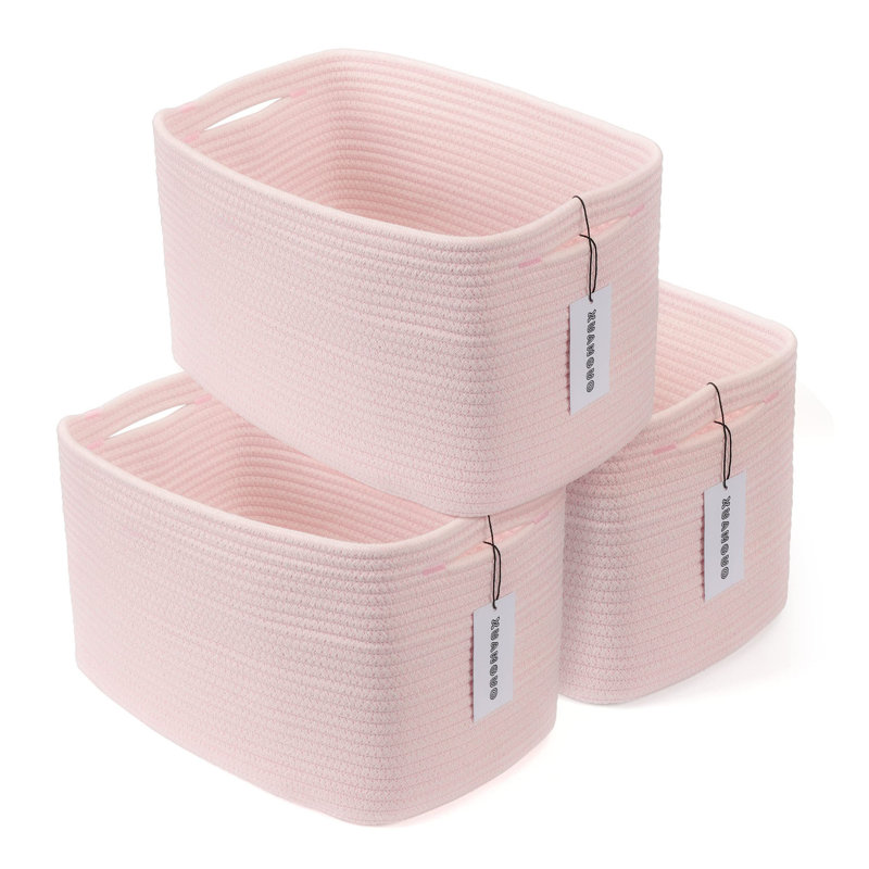  Ensemble de paniers de rangement en corde de coton 3 pièces, bacs rectangulaires tissés avec poignées, Rose
