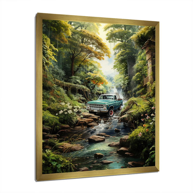Camionnette Beitz verte, Enchanting Waterfall IV - impression, Encadrement doré, H 40 po x l 30 po x P 1,5 po