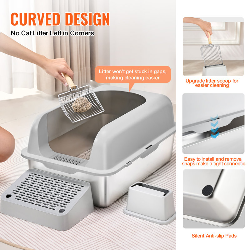 Light Gray Stainless Steel Extra Large Cat Litter Box with Scoop