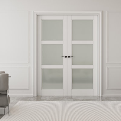 3-Lite Frosted Glass French Door Solid Wood Manufacture Interior Double Bathroom Door With Hardware Kit