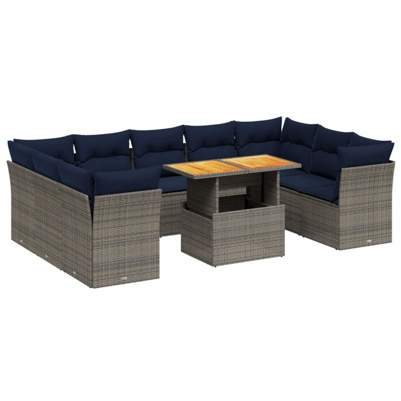 Ensemble de canapé de patio 10 pièces avec coussins en rotin de polyester, Gris, Marine