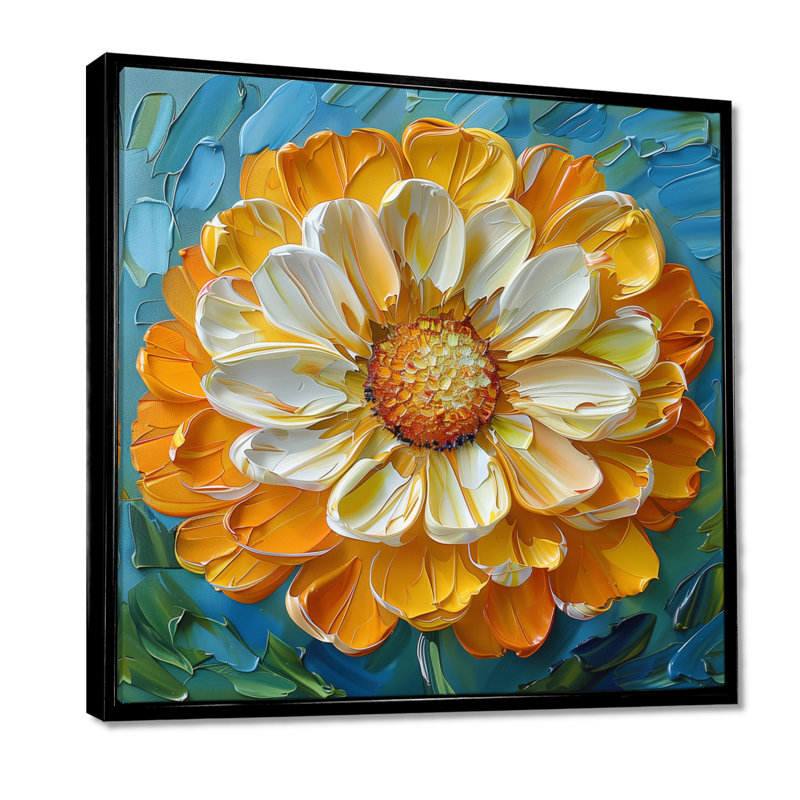 Peinture jaune jaune souci en fleurs I - décoration murale souci, Cadre flottant noir, H 30 po x l 30 po x P 1 po