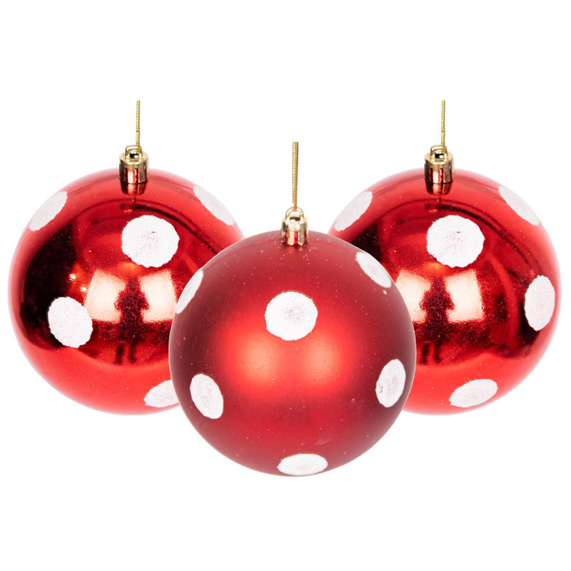 Christmas Bauble Set, Shatterproof Red and White Polka Dot Tree Decorations, 3 Pieces, 10cm H x 10cm W x 10cm D