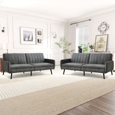 204cm Wide Contemporary And Super Soft Upholstered Sleeper Sofa With Convertible Backrest (Set of 2)