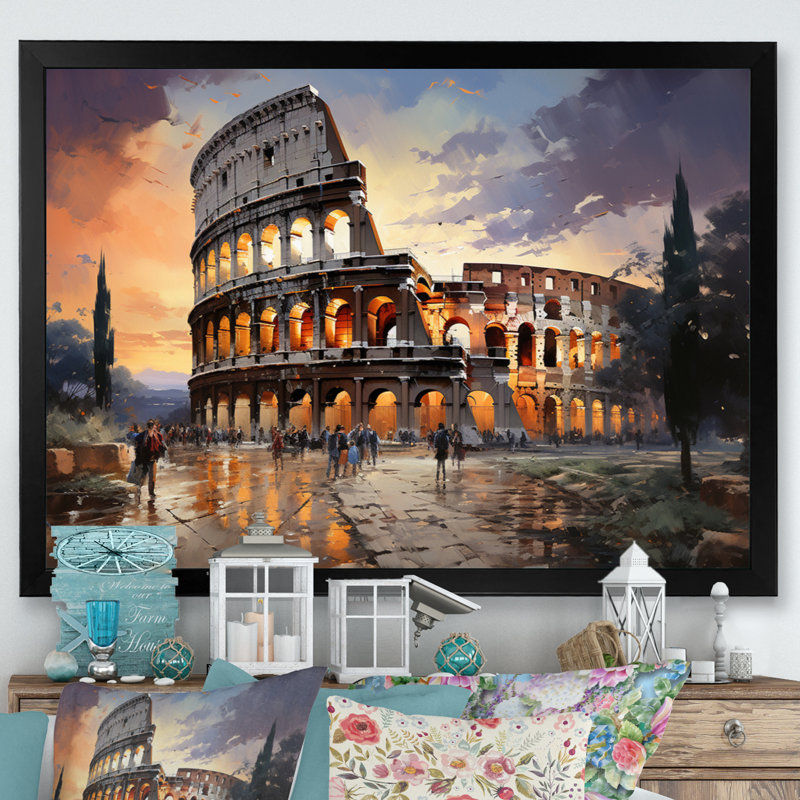 Beige, Italie, Colisée, Colosseo, sur toile, H 34 po x l 44 po x P 1,5 po, Cadre simple noir