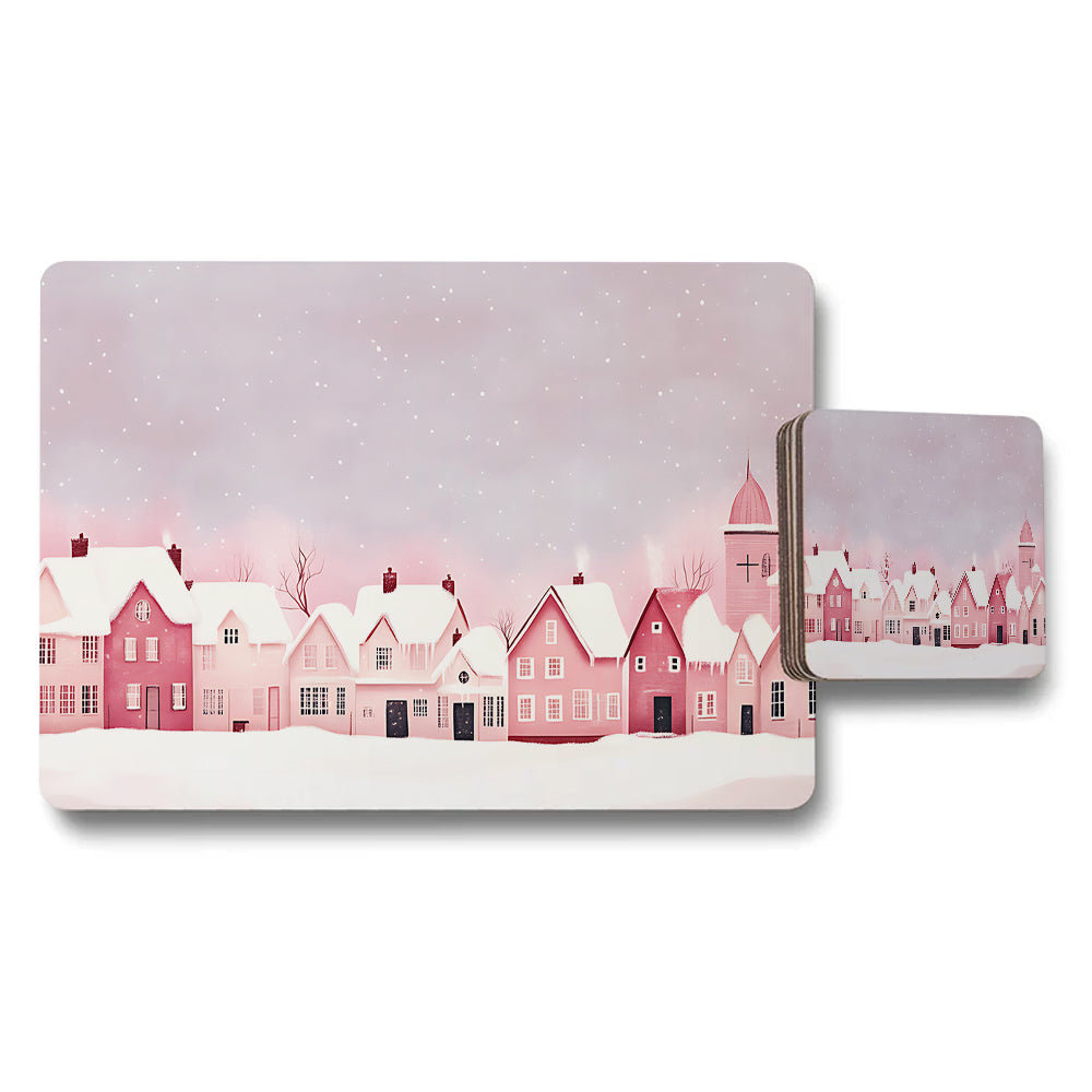 Soft Pink Winter Village Placemat And Coaster Set For Dining Tables
