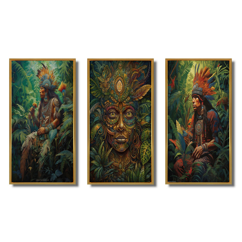 Chaman Amazonien, sagesse antique - Ensemble de 3 pièces d'art populaire, Cadre flottant doré, H 28 po x l 36 po