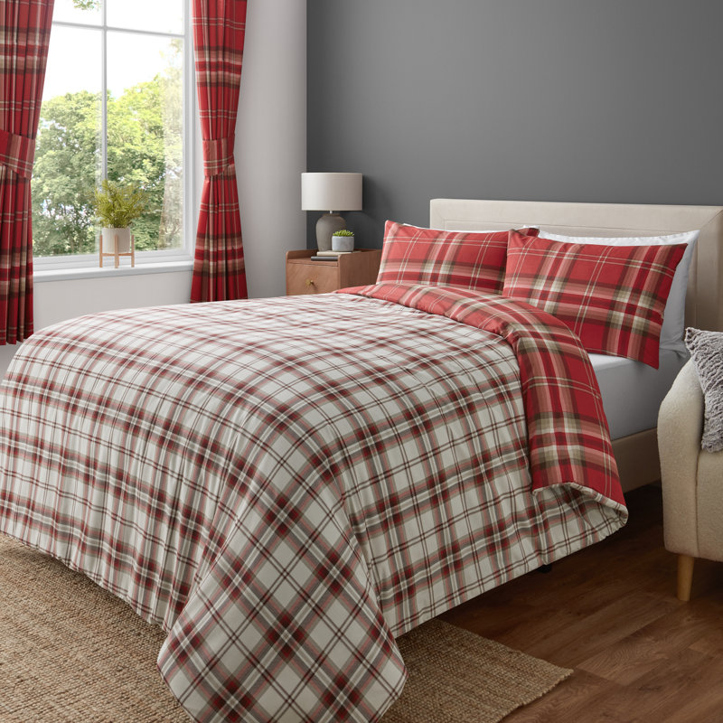 Kelso Check Reversible Duvet Cover Set, Double Duvet Cover + 2 Standard Pillowcases, Red