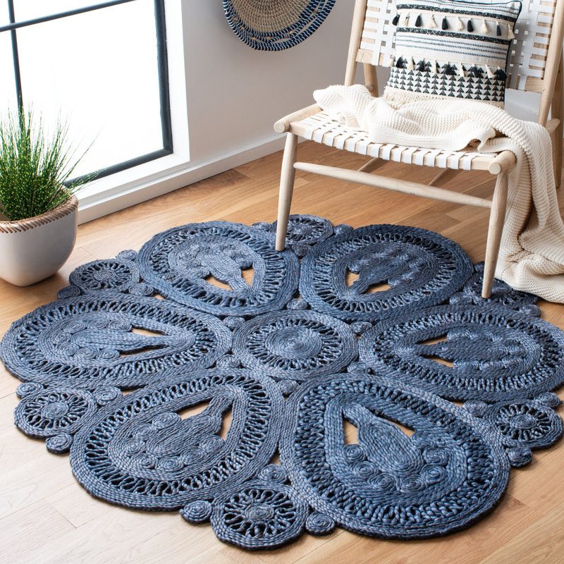 Tapis rond en jute tissé à la main bleu marine Dumas, Rond 5 pi