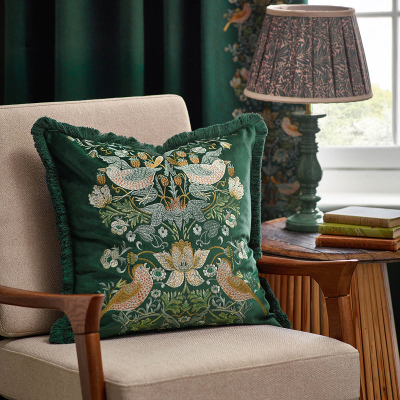 Strawberry Thief Floral Square Cushion Cover, Green Floral