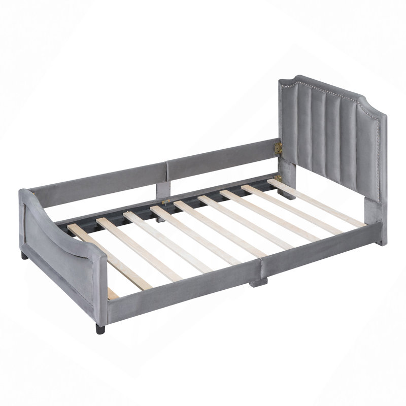 Upholstered Daybed With Classic Stripe Shaped  Headboard, Gray