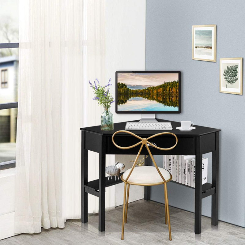 Corner Desk With Drawer And Storage Shelves, Space-Saving 90-Degree Triangle Computer Desk For Home Office, Bedroom, Or Makeup Vanity