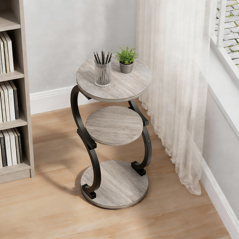 Table d'appoint à 3 niveaux avec design en forme de S, table de bout de style industriel pour le salon, la chambre à coucher et les petits espaces, table d'appoint compacte avec plateau en bois et structure en métal