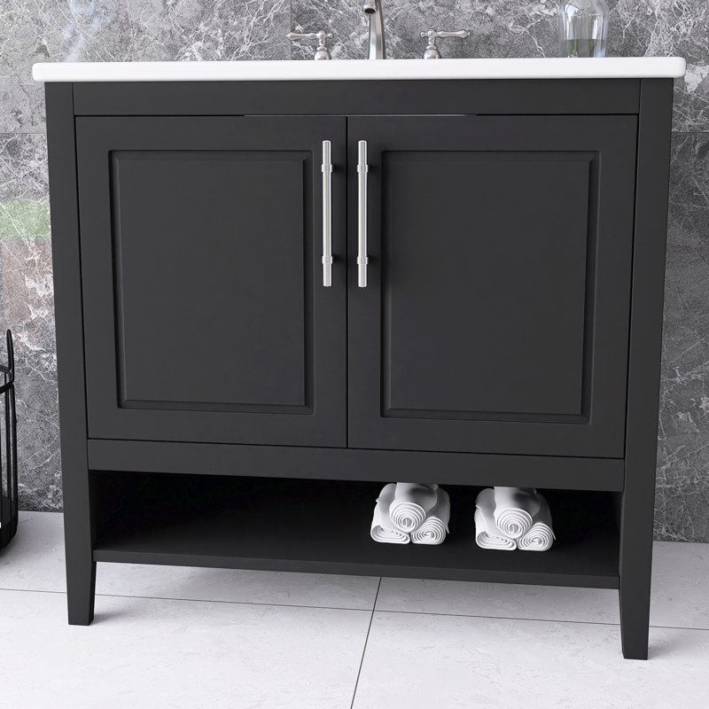 Meuble-lavabo simple avec comptoir en céramique, Noir, 36"