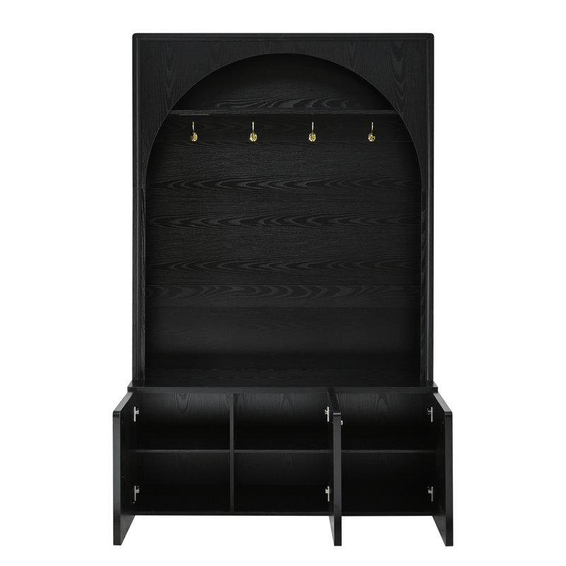 Farmhouse All-in-One Hall Tree with Adjustable Shelves, Retro Arched Entryway Storage Bench with 3 Cabinets, Black