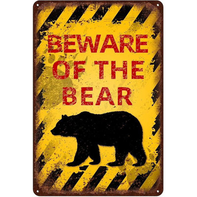 Vintage Bear Metal Sign Beware of Bear Aluminum Sign Funny Beware Animal Decor 12"x8" Inch