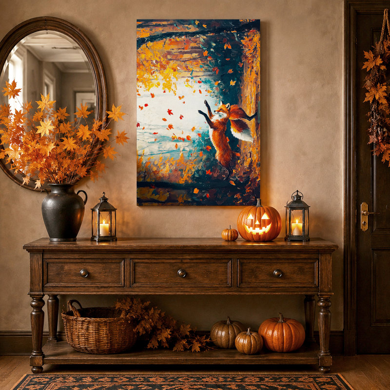 Toile murale d'Halloween représentant un renard roux attrapant des feuilles mortes, 48"H x 36"W