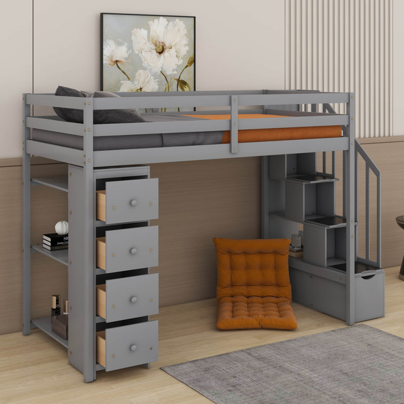 Twin Loft Bed With Storage Drawers,Desk And Stairs, Gray