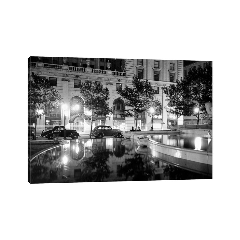 1930s Night Scene 5Th Avenue Tree Lined Sidewalk Cars Anonymous Silhouetted Men Reflecting Water In Pulitzer Fountain NYC USA - Wrapped Canvas Print