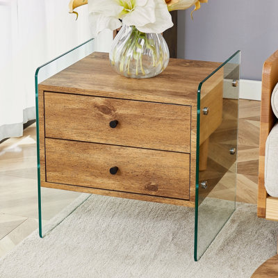 Table de chevet à double tiroir La surface de la planche est un autocollant en panneau de fibres à densité moyenne et les deux côtés sont en verre trempé transparent Le design est simple et élégant avec des fonctions de rangement élégantes