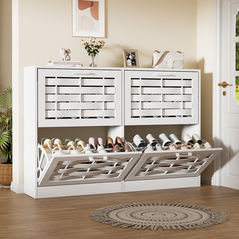 Shoe Cabinet With 4 Flip-Top Drawers For Entryway, Slim Hidden Shoe Rack For Hallways, White