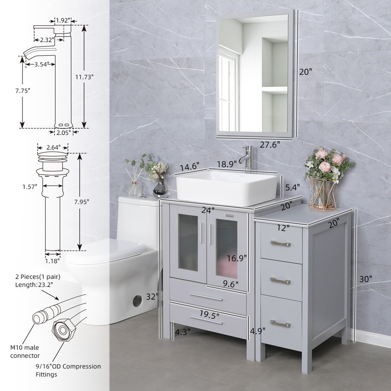 3 combo 36" Single Bathroom Vanity Set with Vessel Sink, Faucet, Drain, Gray